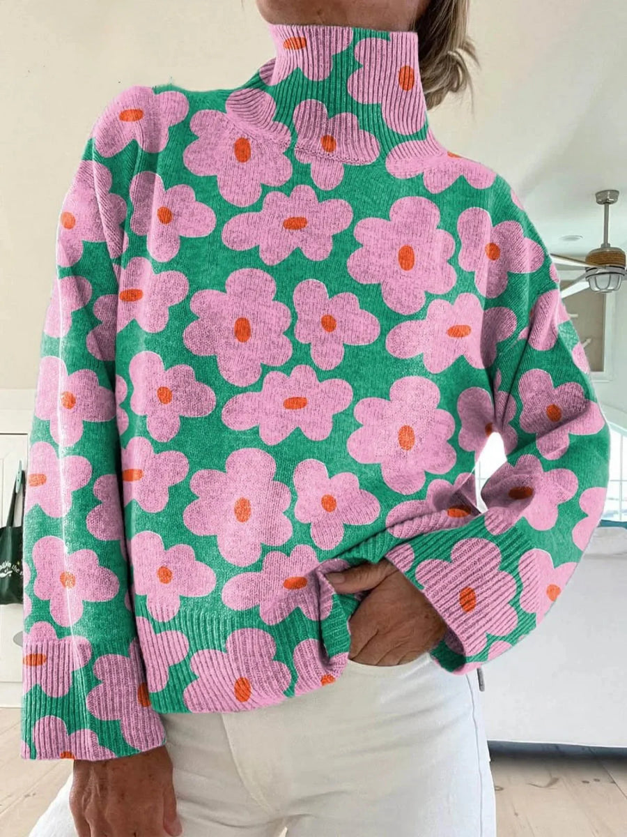 Women's floral turtleneck sweater ribbed knit long sleeve