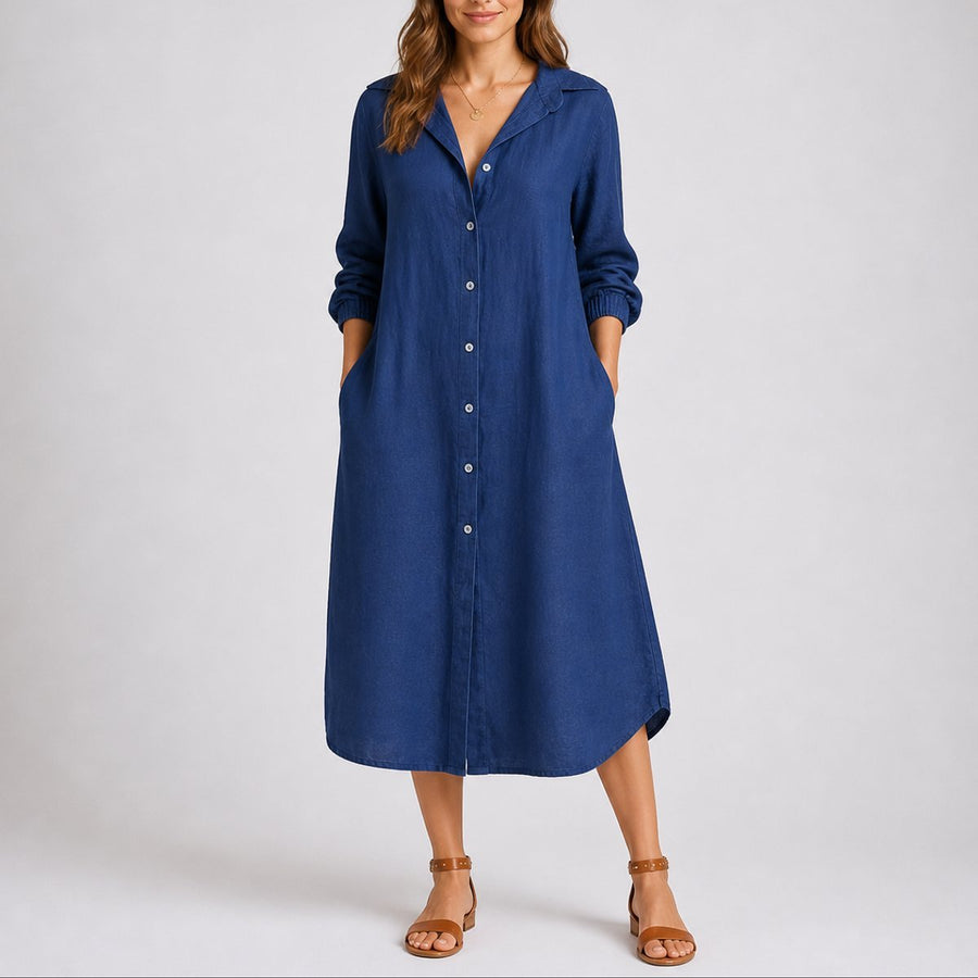 Women's Long-Sleeve Button-Front Midi Fall Wedding Guest Dress