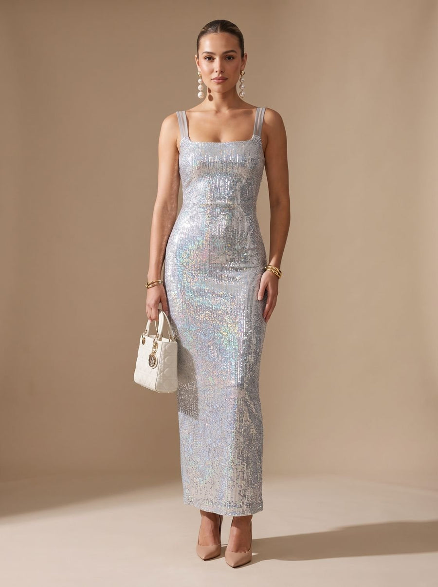Women's Sequin Maxi Dress with Square Neckline