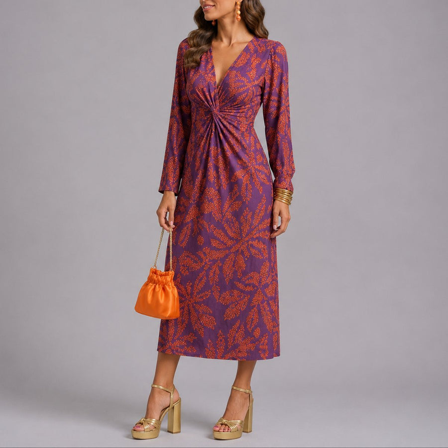 Women's Twist-Front V-Neck Floral Midi Fall Wedding Guest Dress
