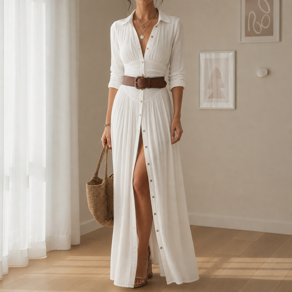Milos Belted Button-Front Maxi Dress