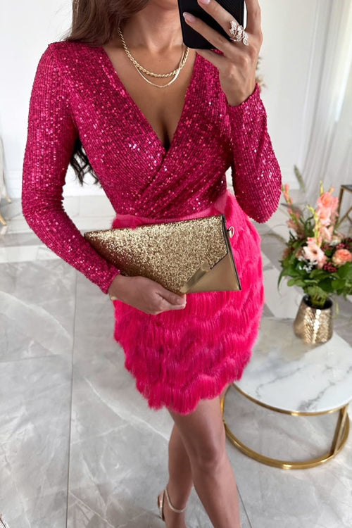 Women's Long Sleeve Mini Dress with Sequin Bodice | Fringed Skirt, Wrap Front, Fitted Shape | Sizes S to XL, 4 Colors