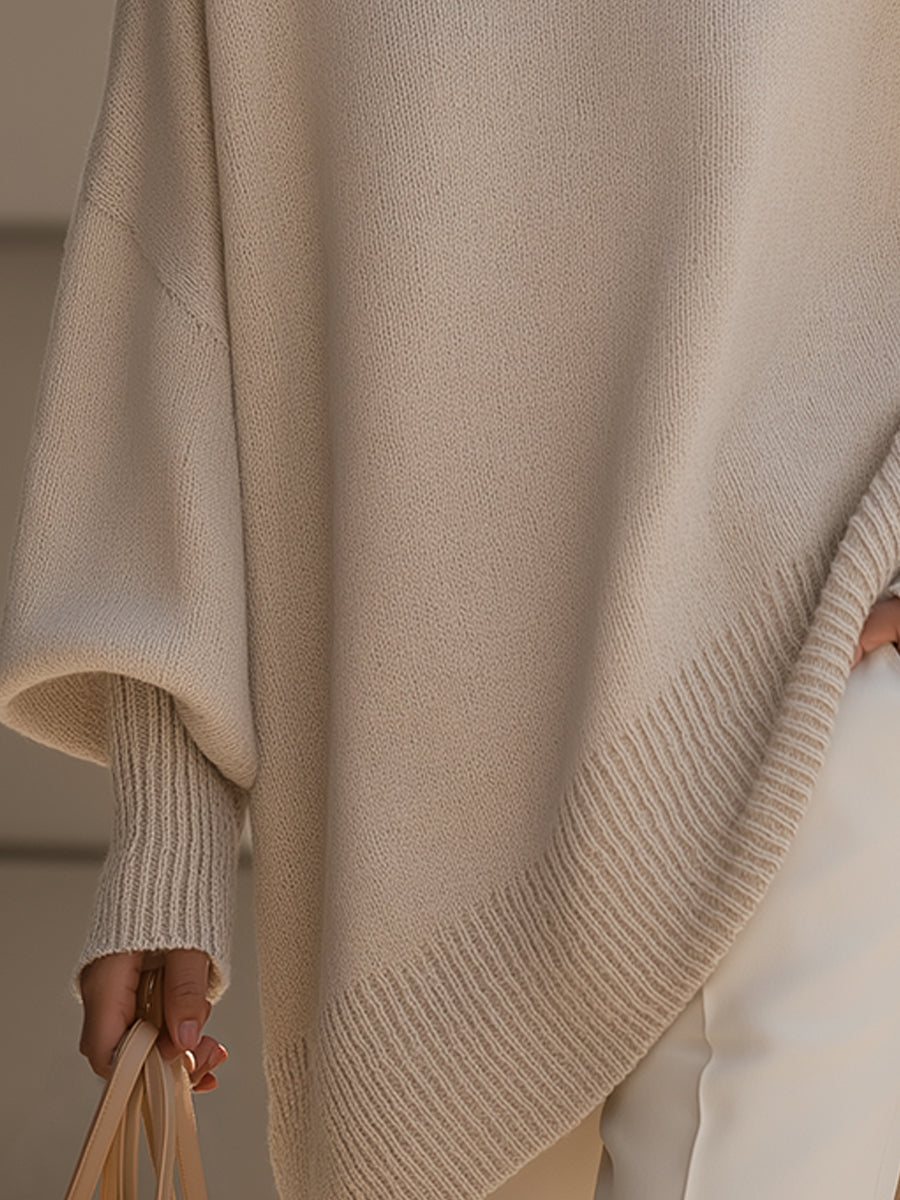 Lindsay | Womens Oversized Knit Poncho Sweater with Batwing Sleeves | Asymmetrical Hem, Round Neck | 7 Colors S-XL