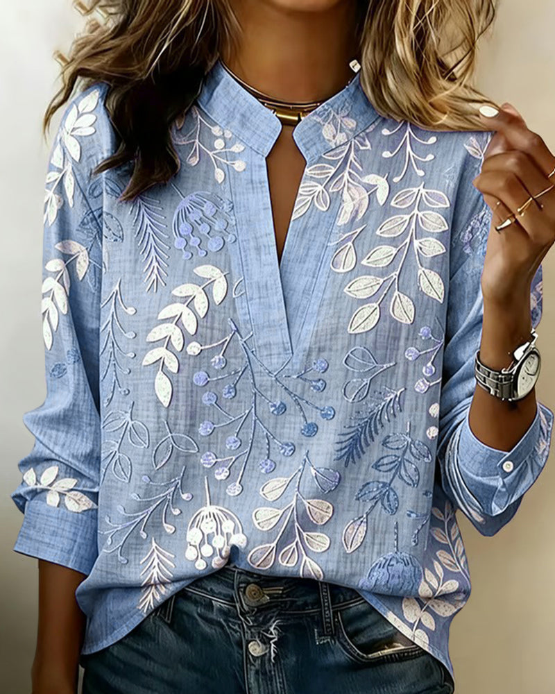 Women's Botanical Print Blouse, Notched Collar, 3/4 Sleeves