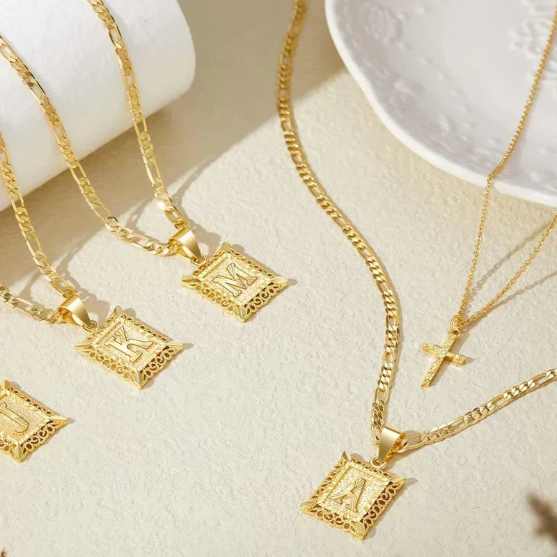 Initial Necklace Set with Cross Charm | Gold Layered Pendant