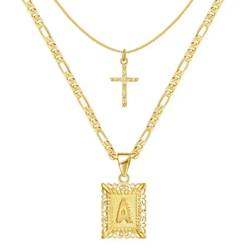 Initial Necklace Set with Cross Charm | Gold Layered Pendant