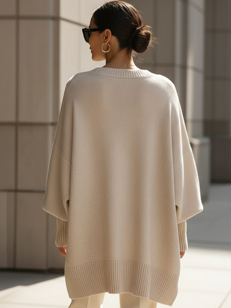 Lindsay | Womens Oversized Knit Poncho Sweater with Batwing Sleeves | Asymmetrical Hem, Round Neck | 7 Colors S-XL