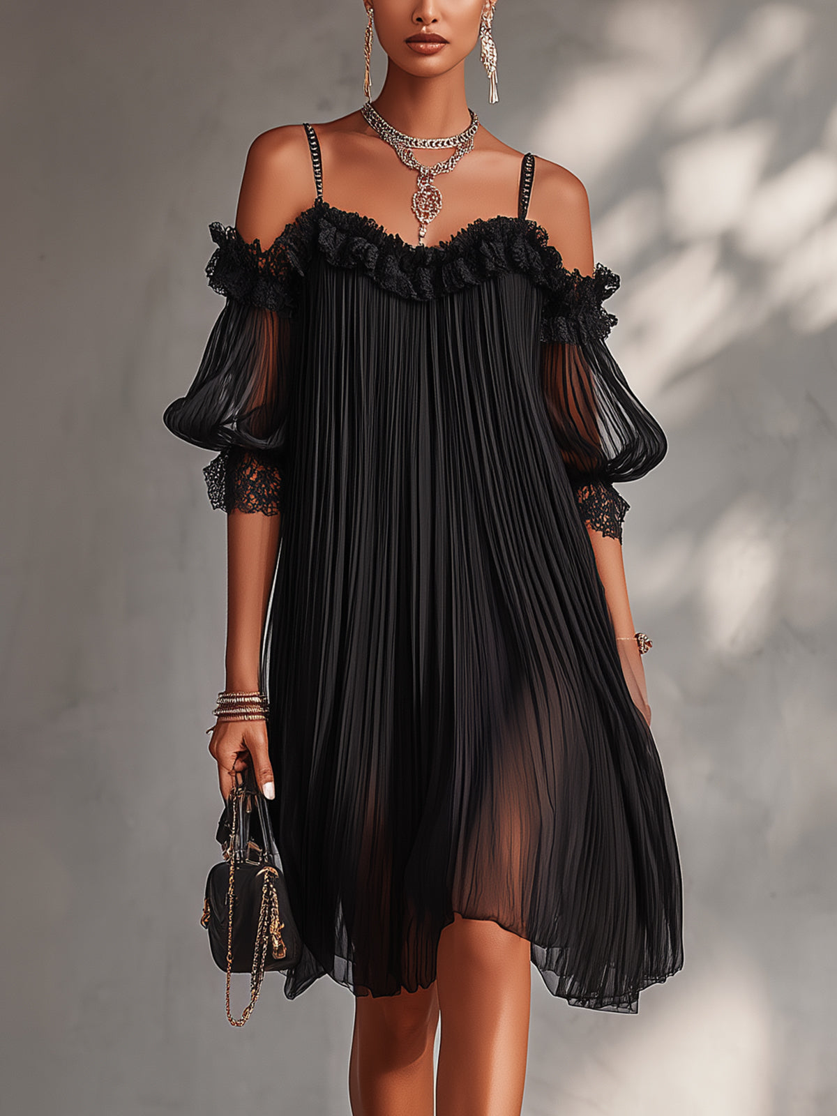 Camille | Black Chiffon Off-the-Shoulder Mini Dress with Lace