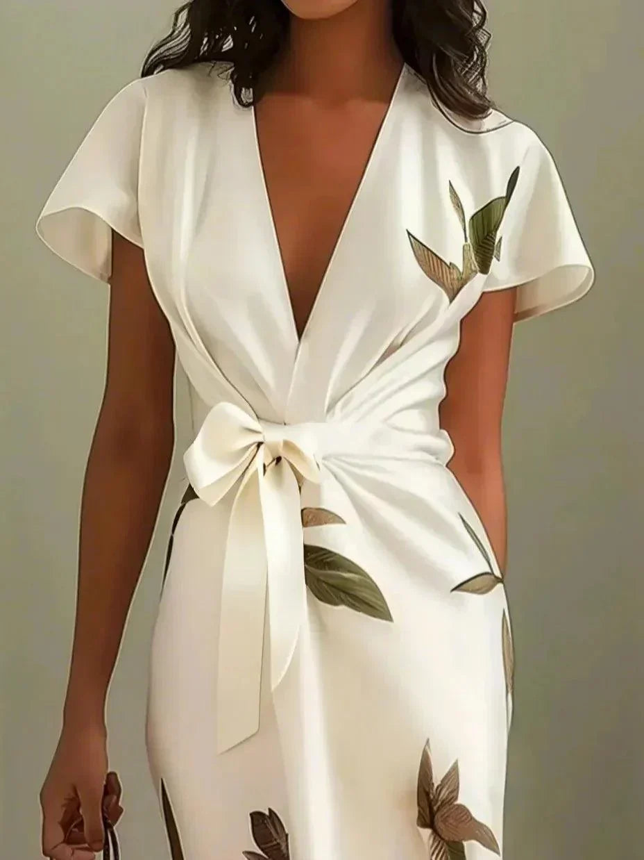 Women's Wrap Dress with a Tie Belt and Leaf Print | Flowing Skirt in White or Light Blue | Size S-3XL, 2 Colors