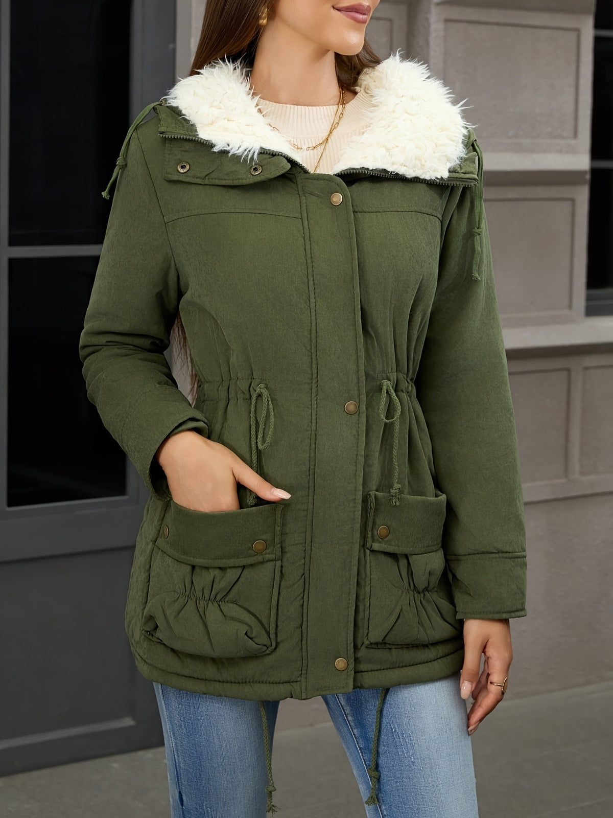 Women's Parka with Hood and Button Front | Drawstring, Pockets | For Winter | Size S-XL | Black, Fern Green