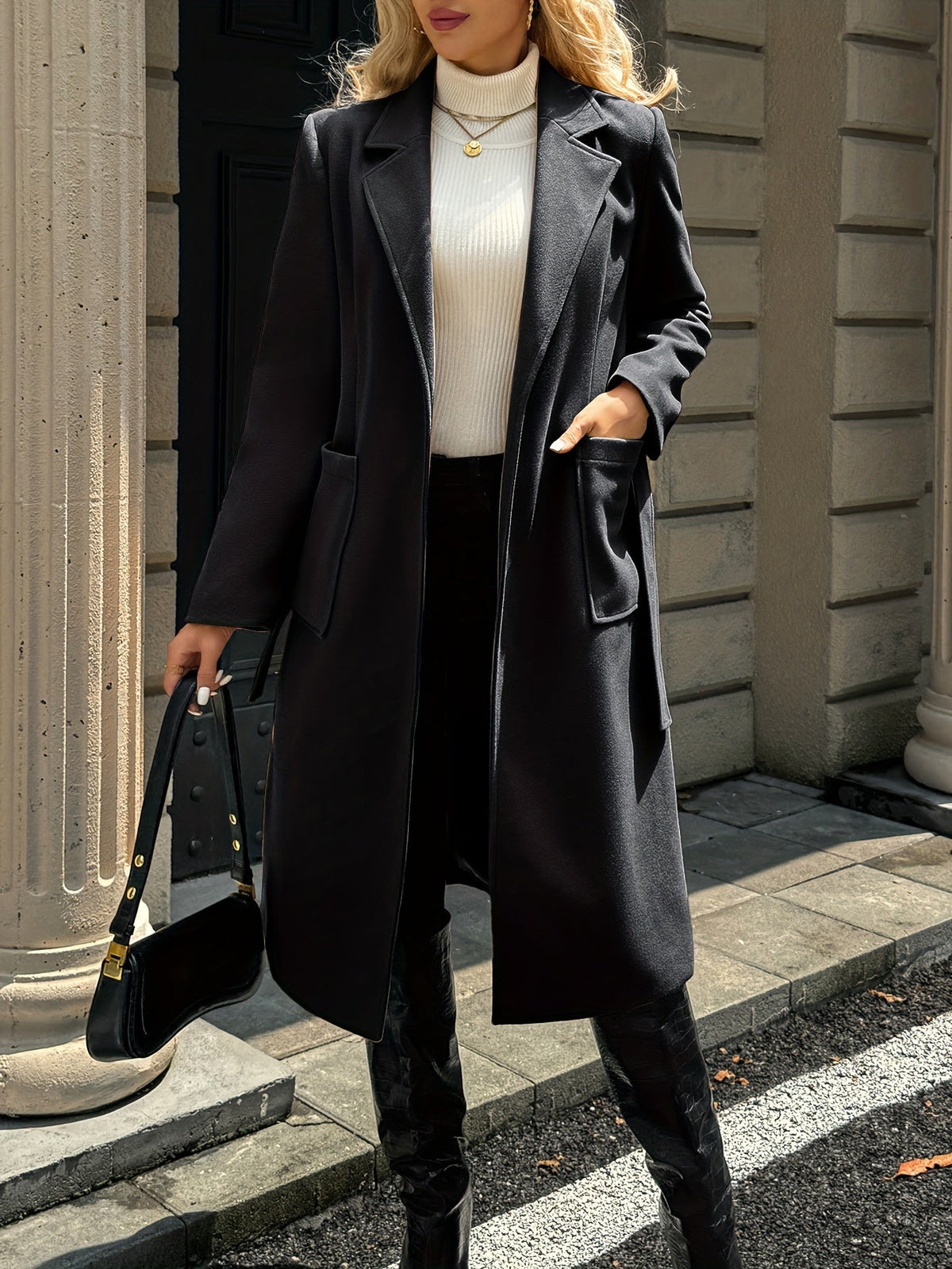 Women's Coat with Waist Belt and Pockets | For Winter | Size S-XL | Camel, Light Brown, Black, Grey