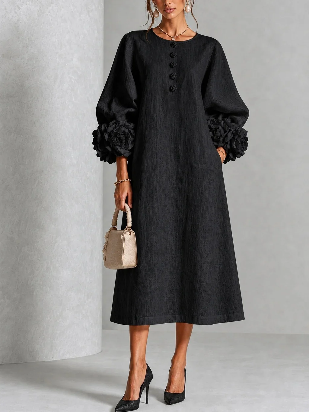 Chambray Denim Midi Dress with 3D Rosettes on the Sleeves™