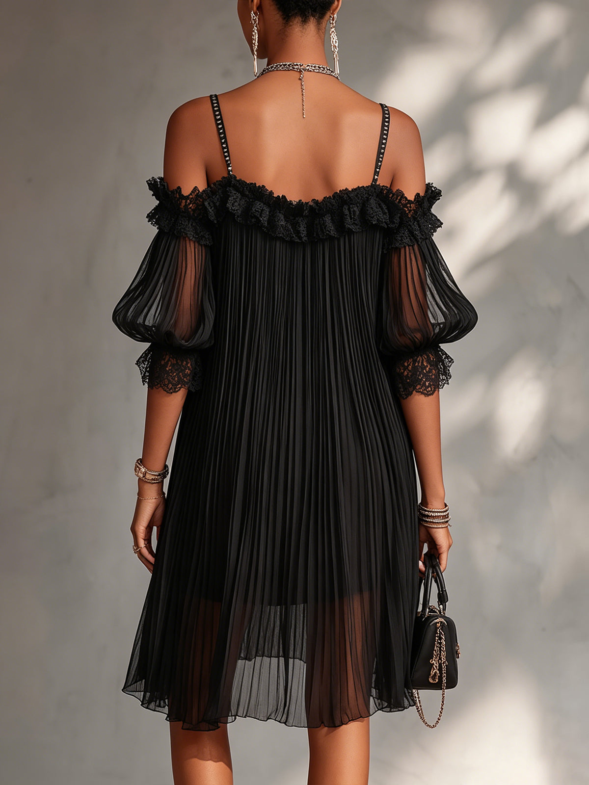 Camille | Black Chiffon Off-the-Shoulder Mini Dress with Lace