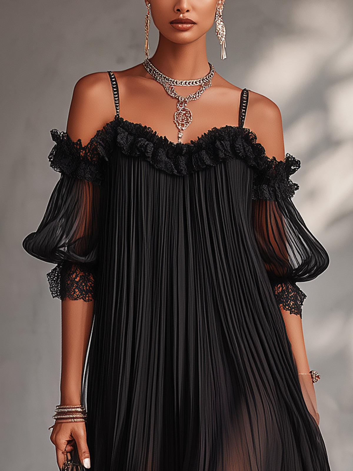 Camille | Black Chiffon Off-the-Shoulder Mini Dress with Lace