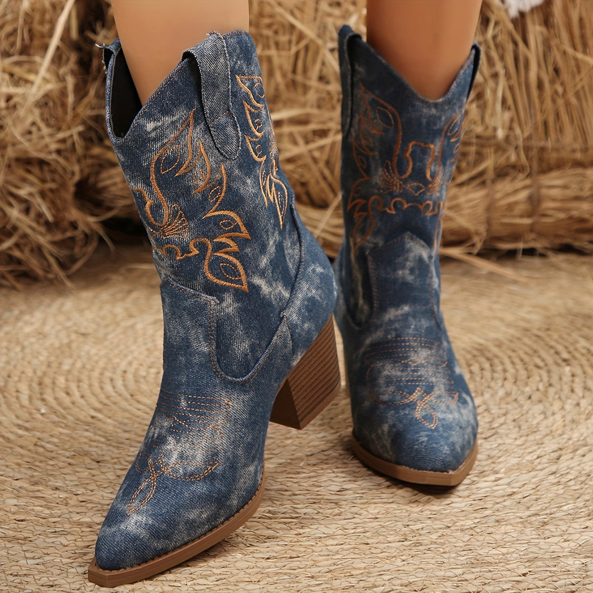 Roberta Denim-Look Mid-Calf Western Boots