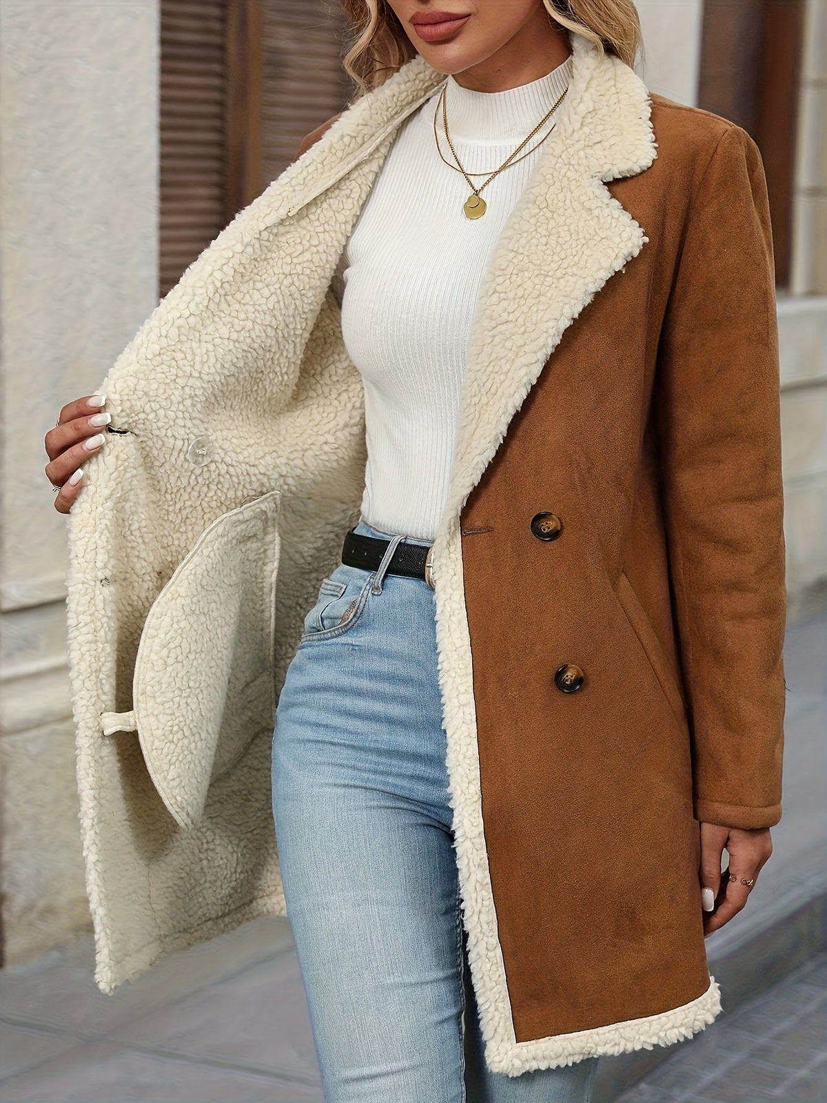 Women's Faux Shearling Winter Coat Brown Double Breasted Notch Lapel