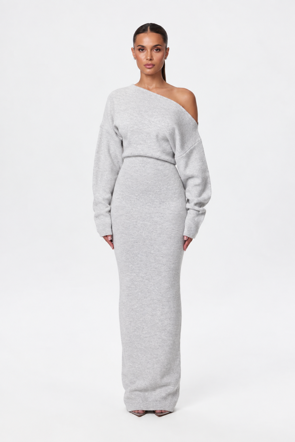 Women's Asymmetric Off-Shoulder Knit Maxi Dress, Long Sleeves
