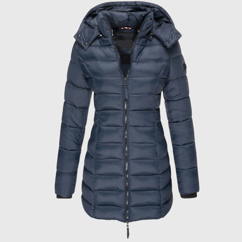 Women's Down Jacket with Hood and Zip Closure