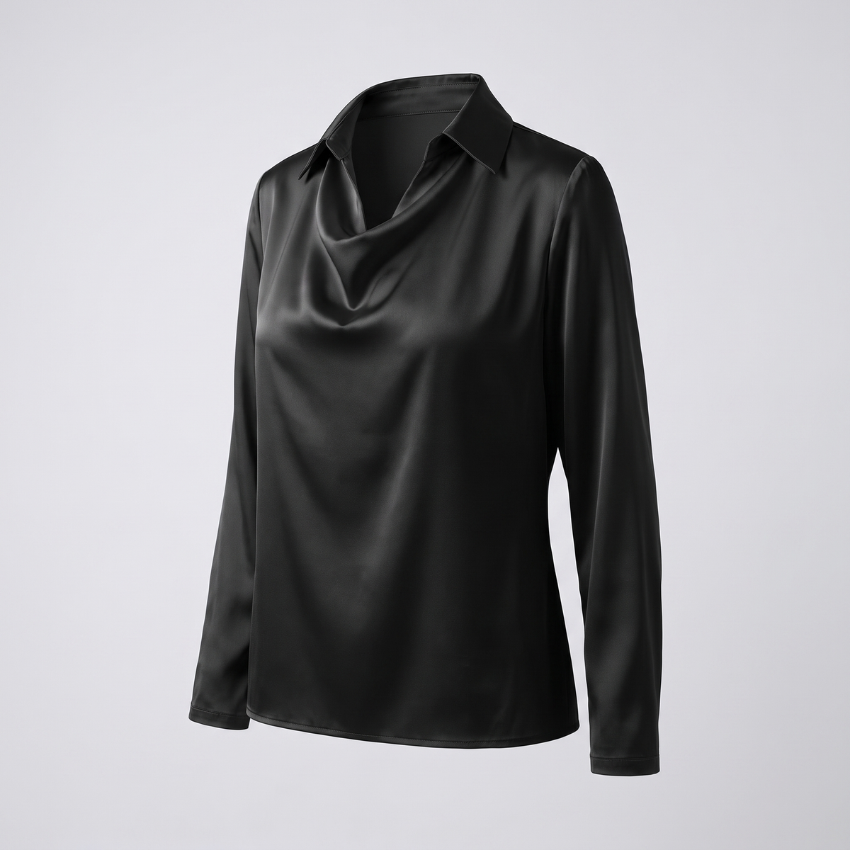 Women's Satin-Finish Cowl Neck Blouse with Collar | Long Sleeves, Relaxed Drape | Sizes XS to 3XL, 8 Colors