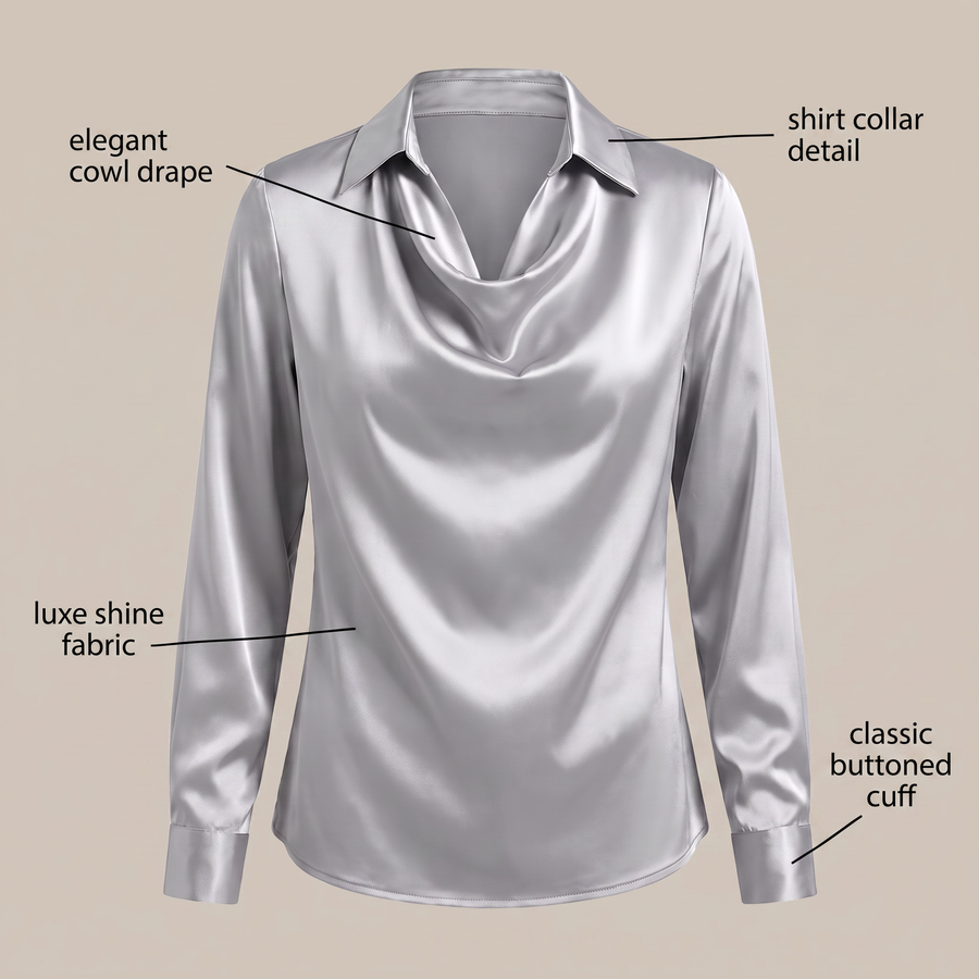 Women's Satin-Finish Cowl Neck Blouse with Collar