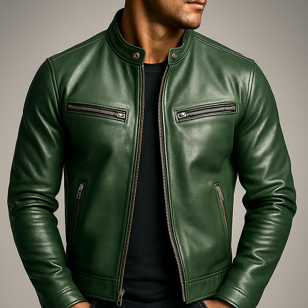 Men's Leather Jacket, Biker Style, Zip Front, Long Sleeves