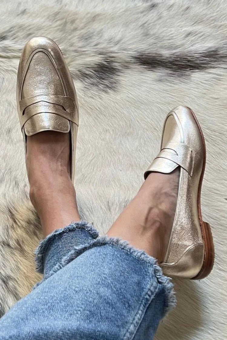 Women's Gold Round-Toe Loafers, Metallic Finish