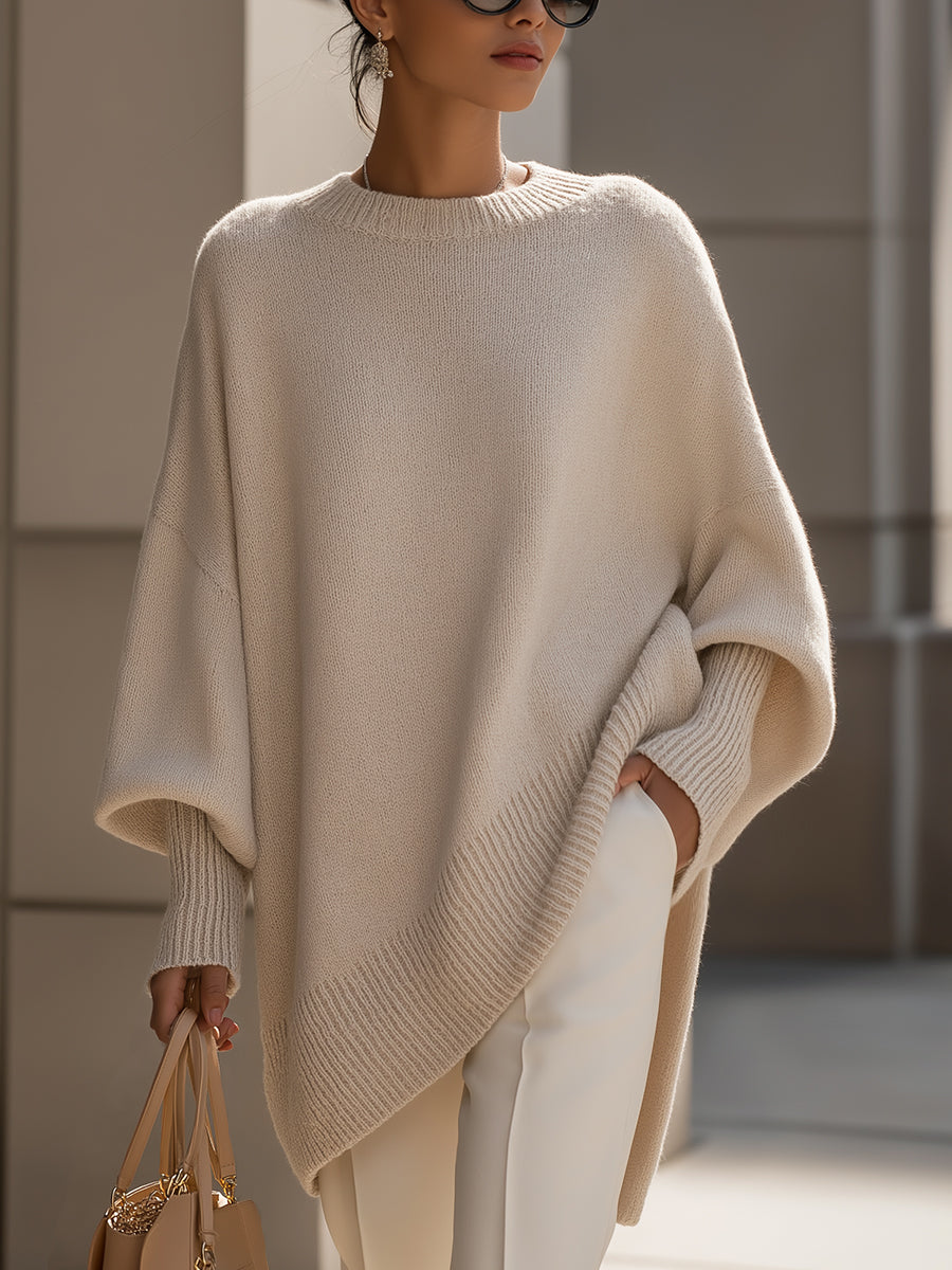 Lindsay | Womens Oversized Knit Poncho Sweater with Batwing Sleeves | Asymmetrical Hem, Round Neck | 7 Colors S-XL