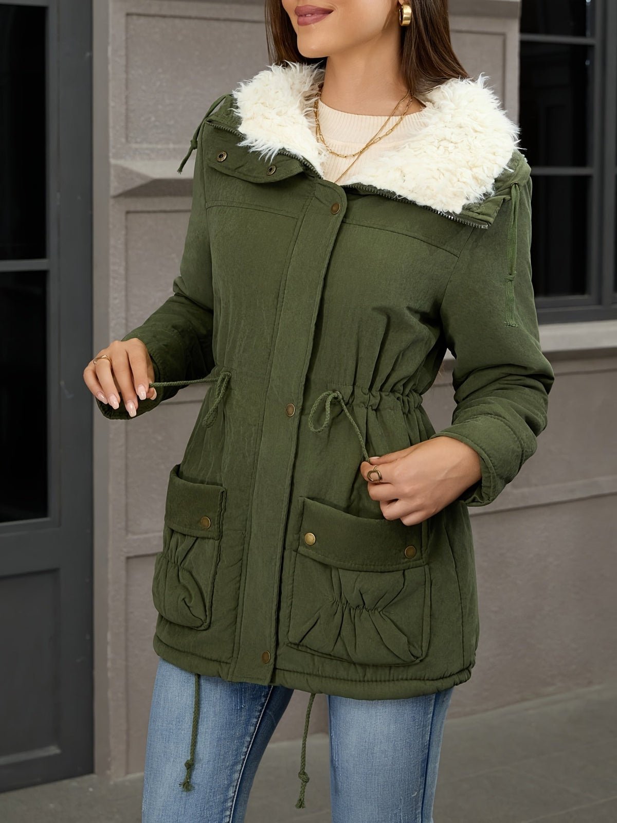 Women's Parka with Hood and Button Front | Drawstring, Pockets | For Winter | Size S-XL | Black, Fern Green