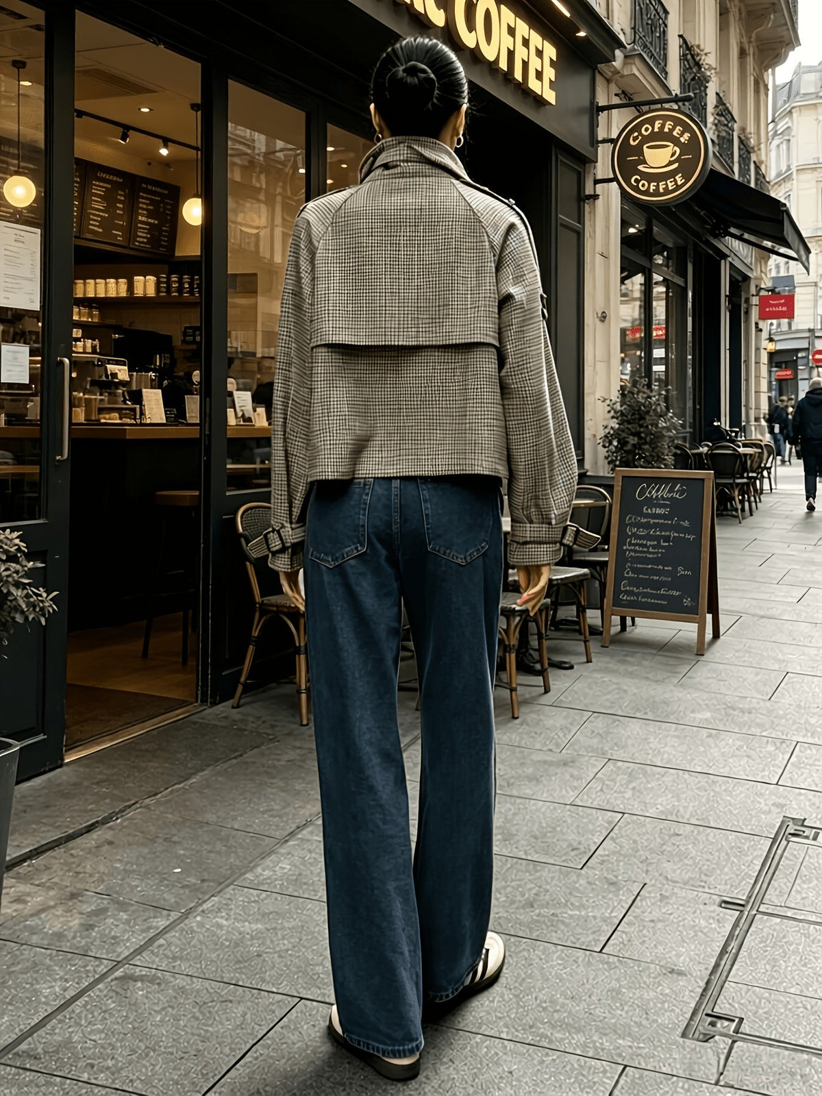 Women's Jacket with Check Pattern and Button Front | Pockets, Cropped Length | Size S-2XL | Khaki
