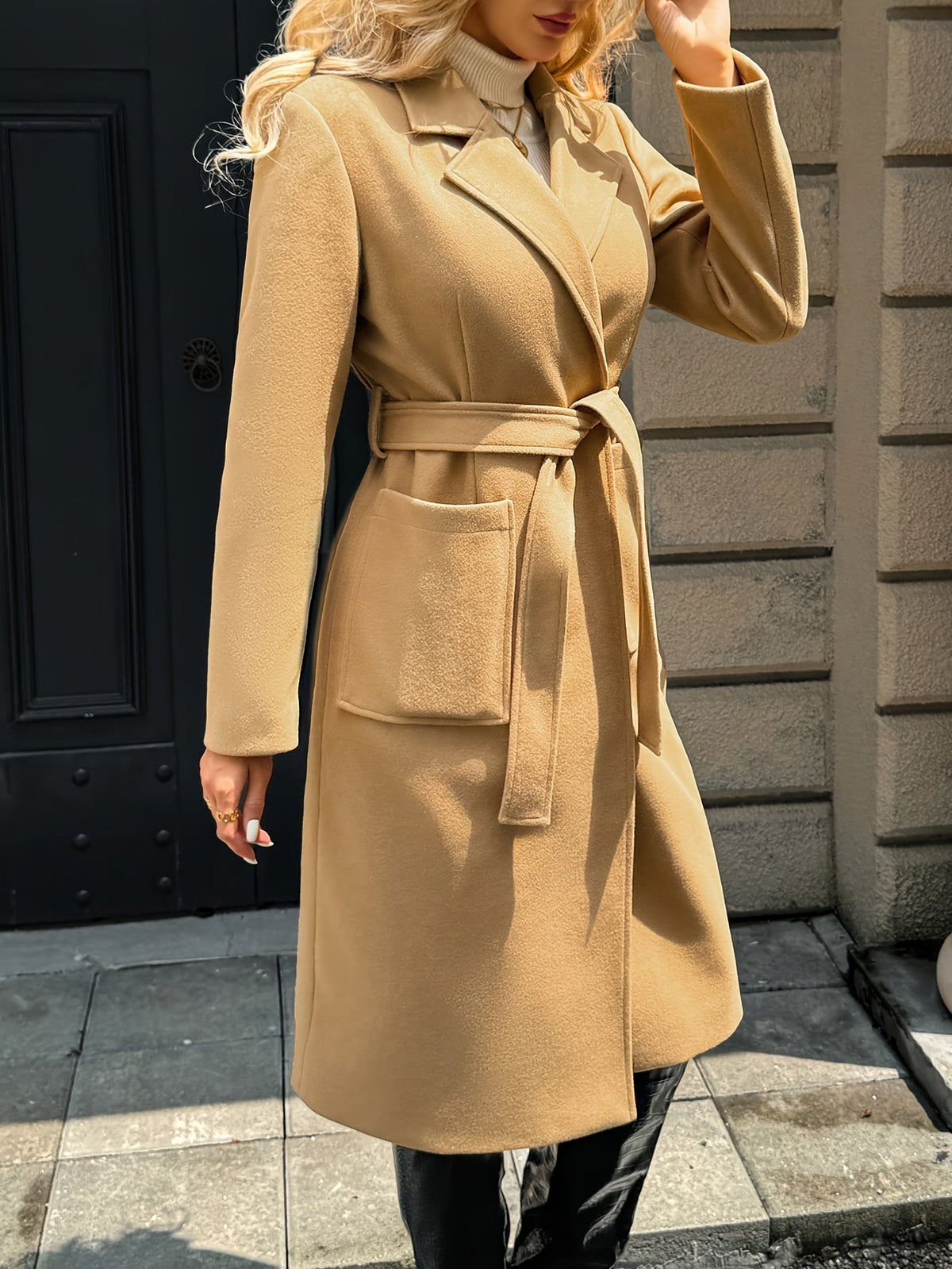 Women's Coat with Waist Belt and Pockets | For Winter | Size S-XL | Camel, Light Brown, Black, Grey