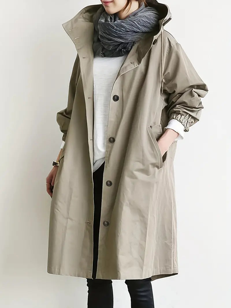 Women's Hooded Trench Coat with Drawstring Waist Tie