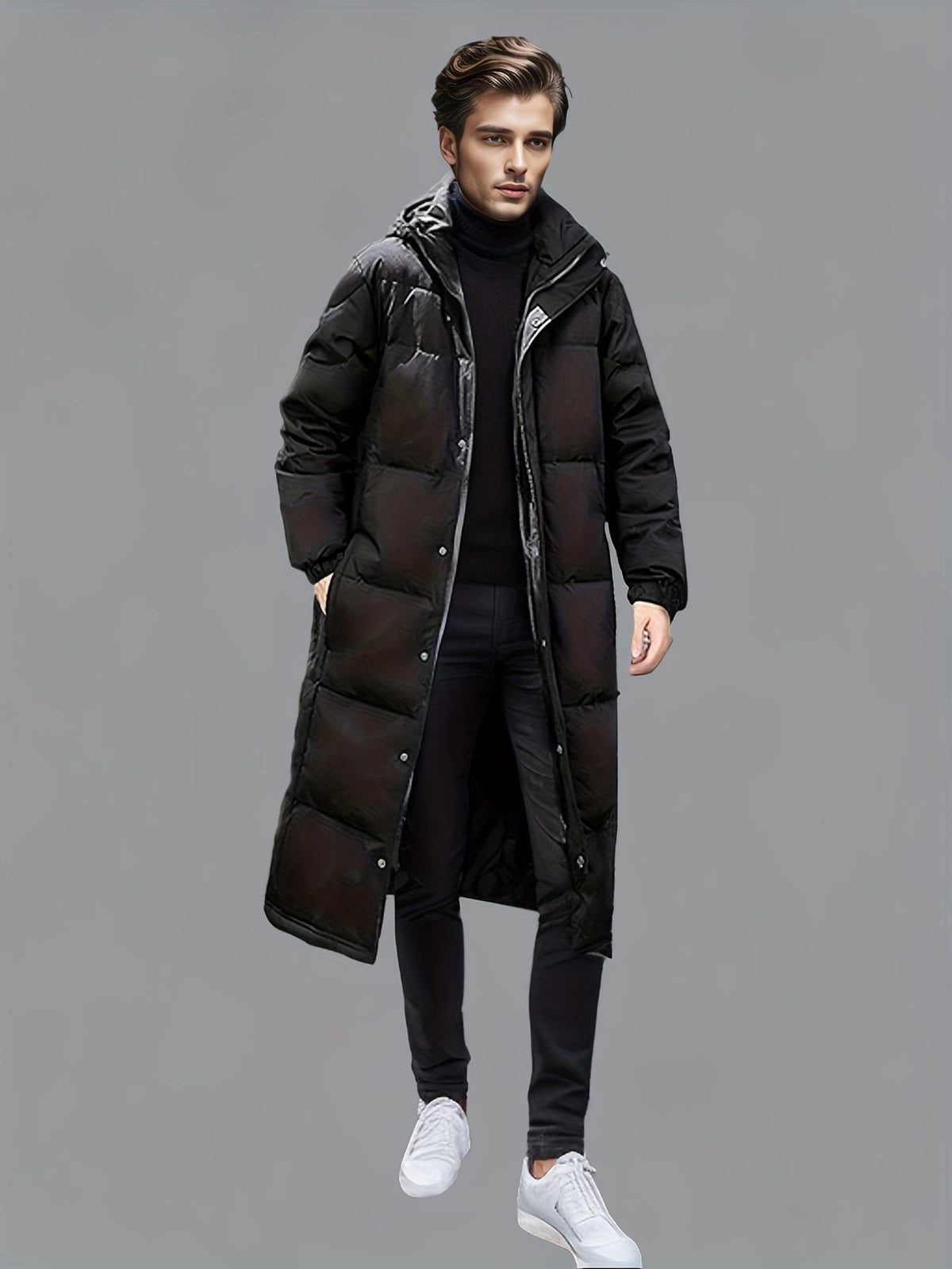 Men's Black Hooded Long Puffer Coat, Zip Front