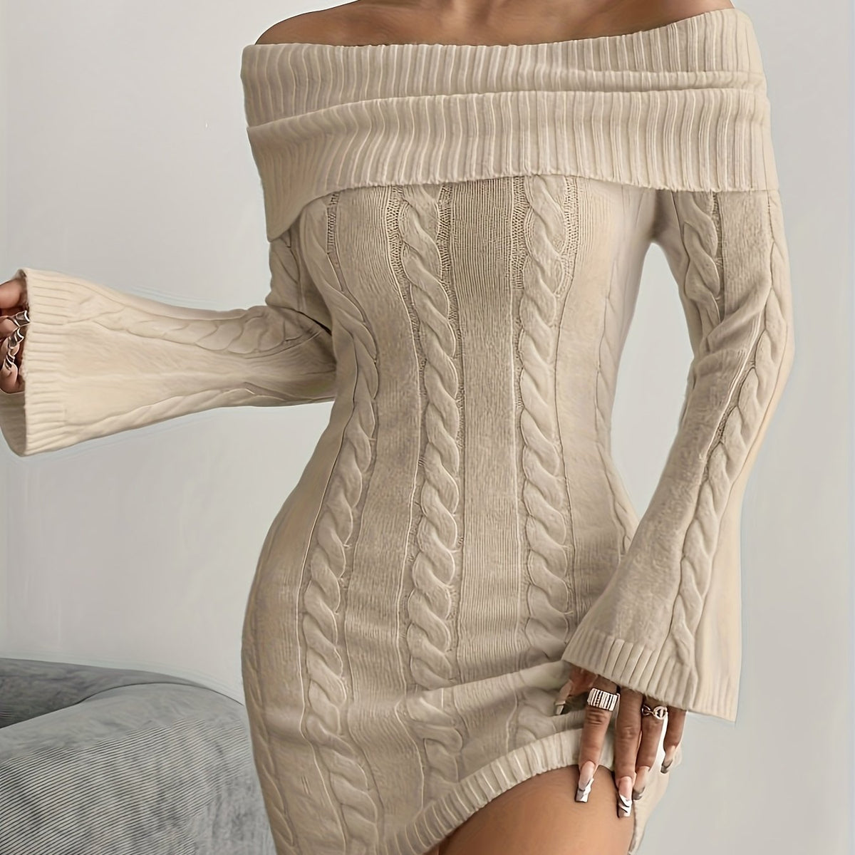 Women's Off Shoulder Knit Dress in Cable Texture | Foldover Collar and Flared Sleeves | Sizes S-2XL, 5 Colors