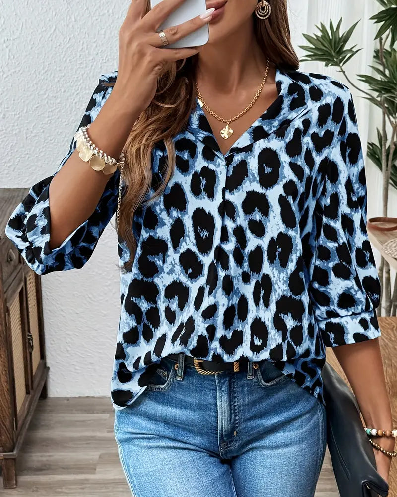 Women's Leopard Print Blouse, V-Neck, 3/4 Sleeves, Loose