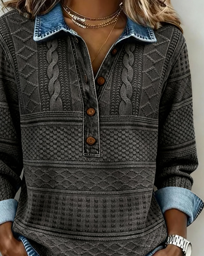 Kristen | Womens Cable Knit Sweater with Collar and Button Neckline | Relaxed Fit, Long Sleeves | Blue, Gray, Brown S-3XL