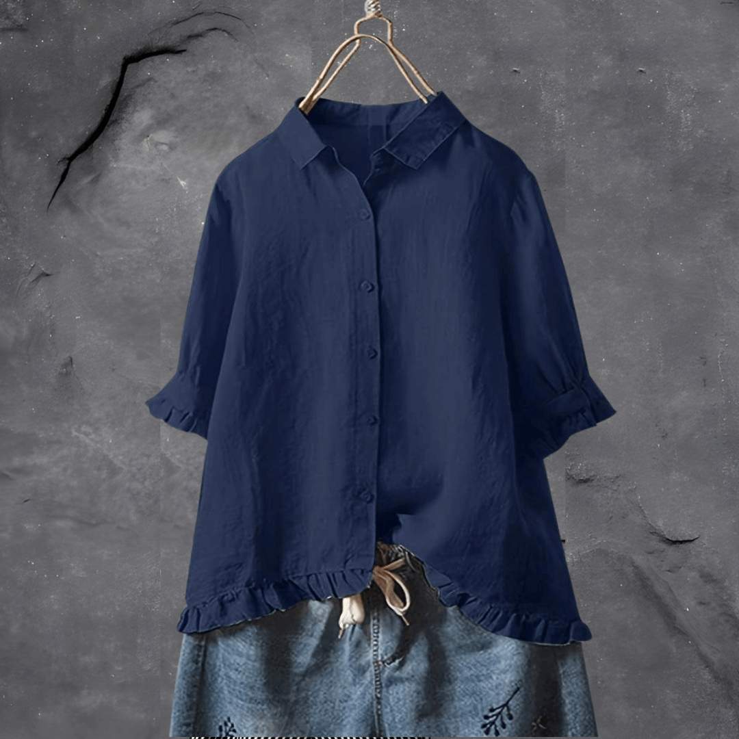 Women's Ruffled Button Shirt, Collared, Three Quarter Sleeves
