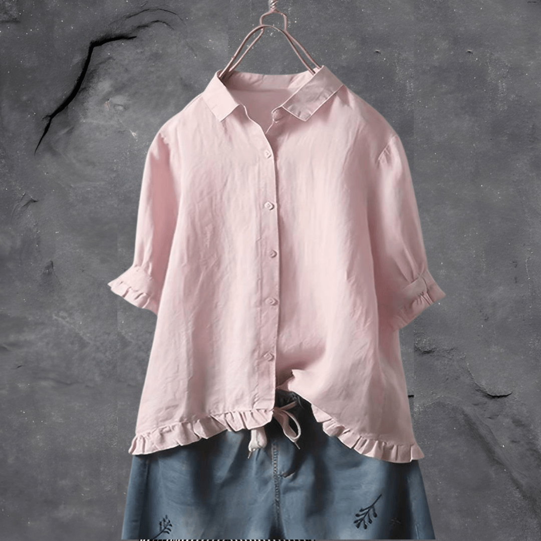 Women's Ruffled Button Shirt, Collared, Three Quarter Sleeves