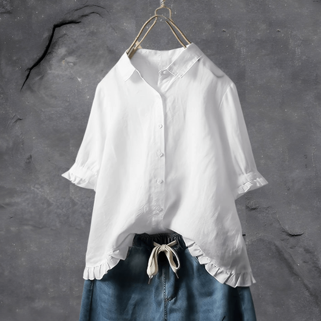 Women's Ruffled Button Shirt, Collared, Three Quarter Sleeves