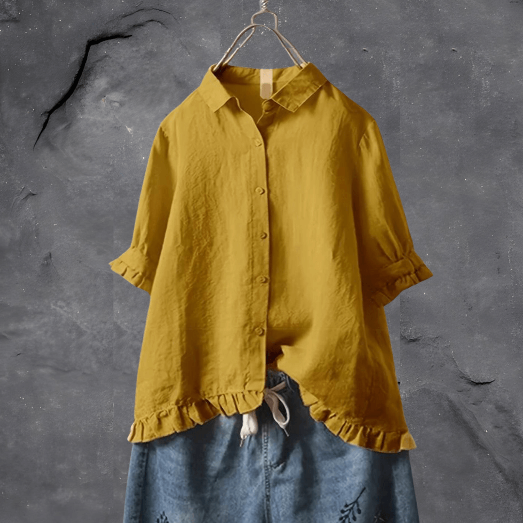 Women's Ruffled Button Shirt, Collared, Three Quarter Sleeves
