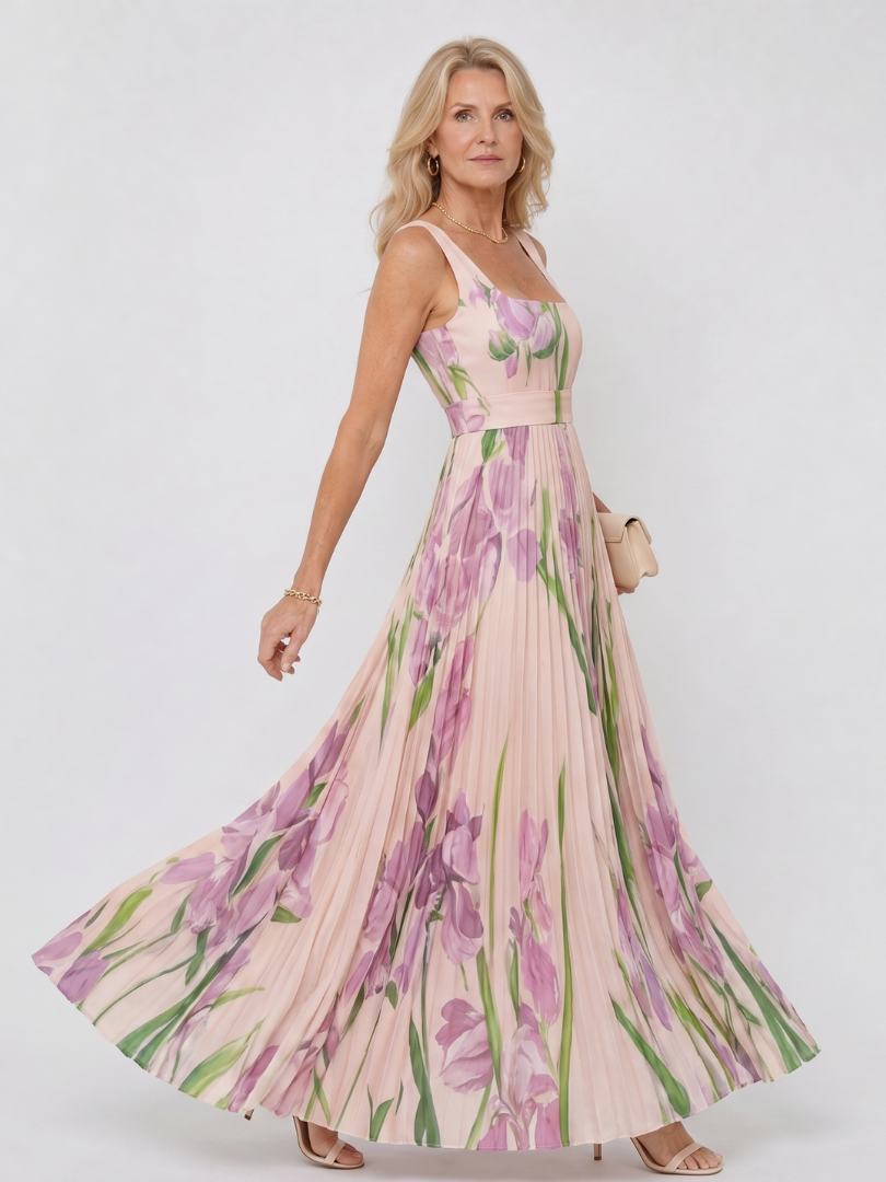 Satin midi dress with a square neckline and pleated skirt