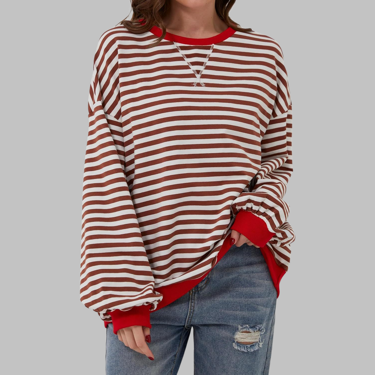 Women's Striped Crew Neck Long Sleeve Sweatshirt
