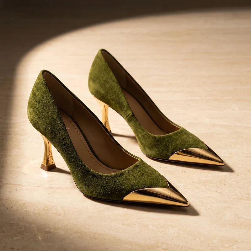 Estelle Suede Metal Toe Cap Heels