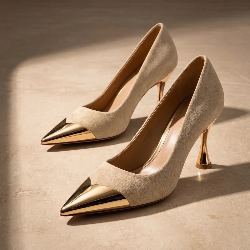 Estelle Suede Metal Toe Cap Heels