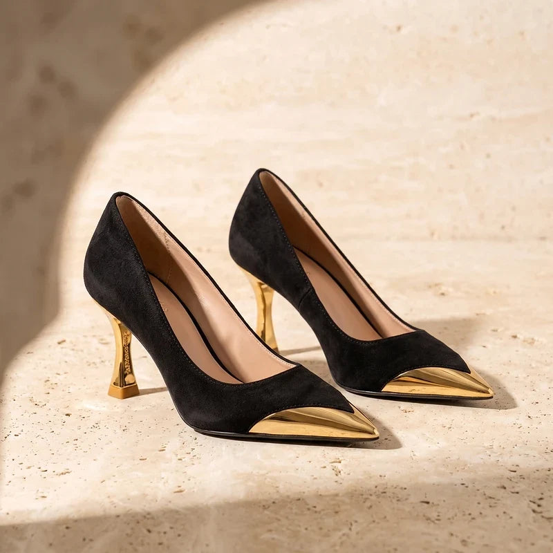Estelle Suede Metal Toe Cap Heels
