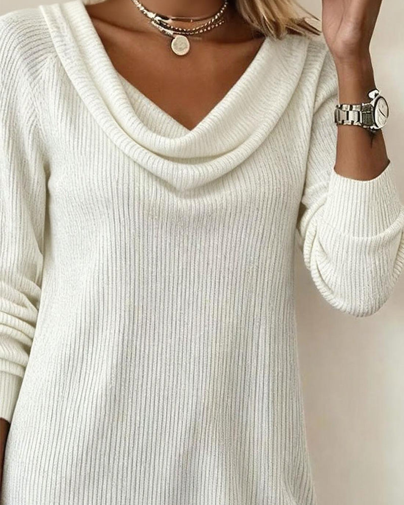 Women's Ribbed Sweater Dress with Draped Cowl Neck | Long Sleeves, Straight Cut, Above the Knee | Sizes S-2XL, 3 Colors