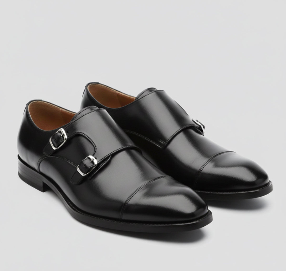 Men's Double Monk Strap Shoes, Almond Toe, Low Heel