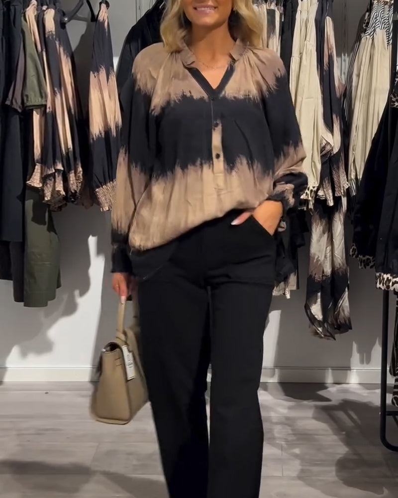 Women's Brown Tie-Dye V-Neck Blouse, Long Sleeves, Buttons