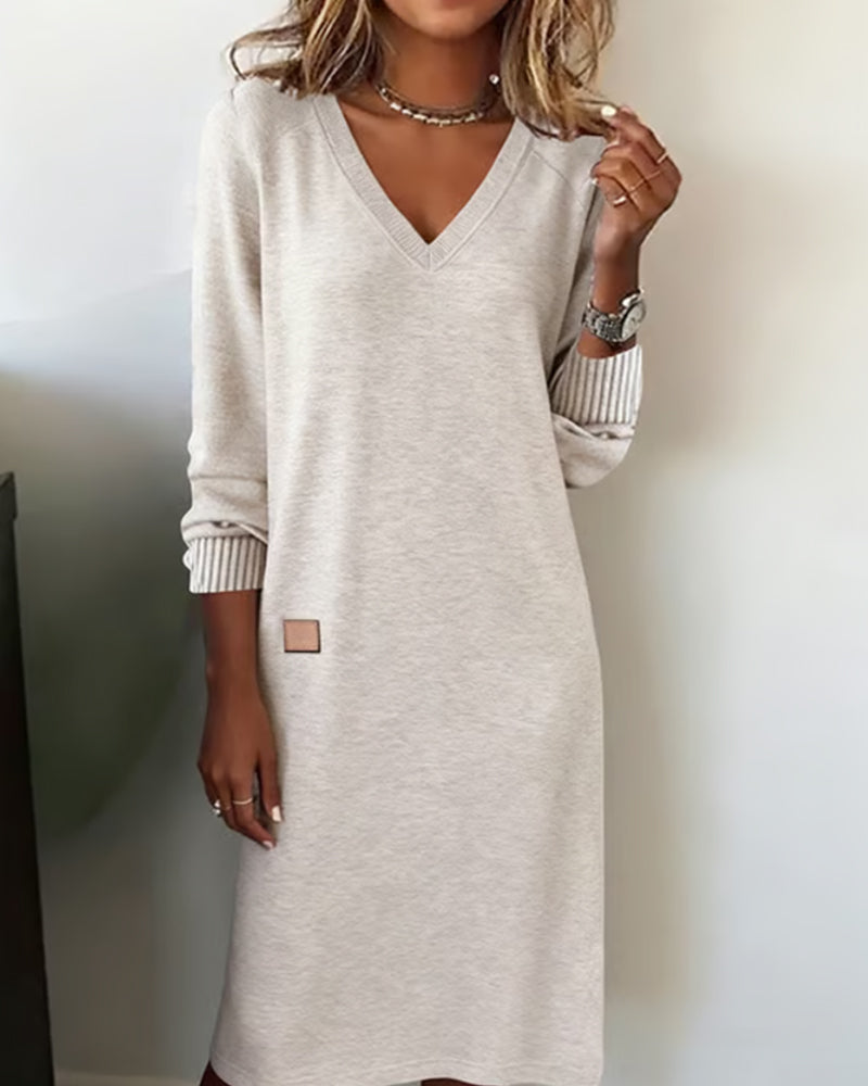 Women's Winter Sweater Dress with Deep V Neck | Relaxed Straight Knit, Ribbed Cuffs, Knee Length | Sizes S-3XL, 3 Colors