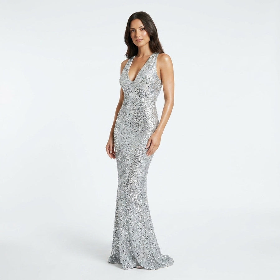 Women's Sequin Maxi Dress with Deep V Neckline