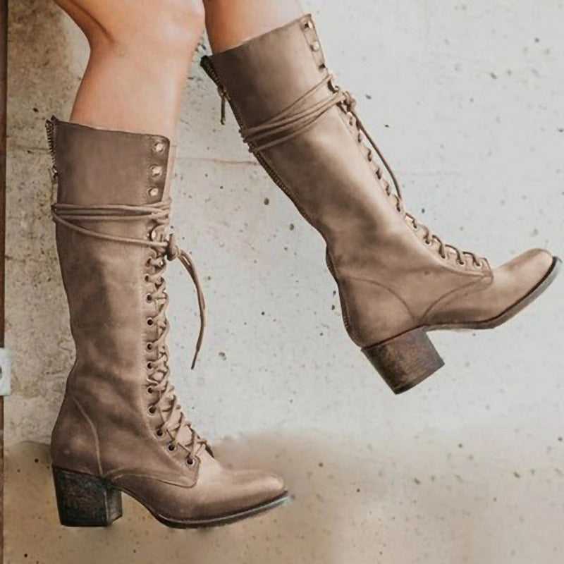 Women's Knee-High Lace-Up Boots, Block Heel, Side Zip